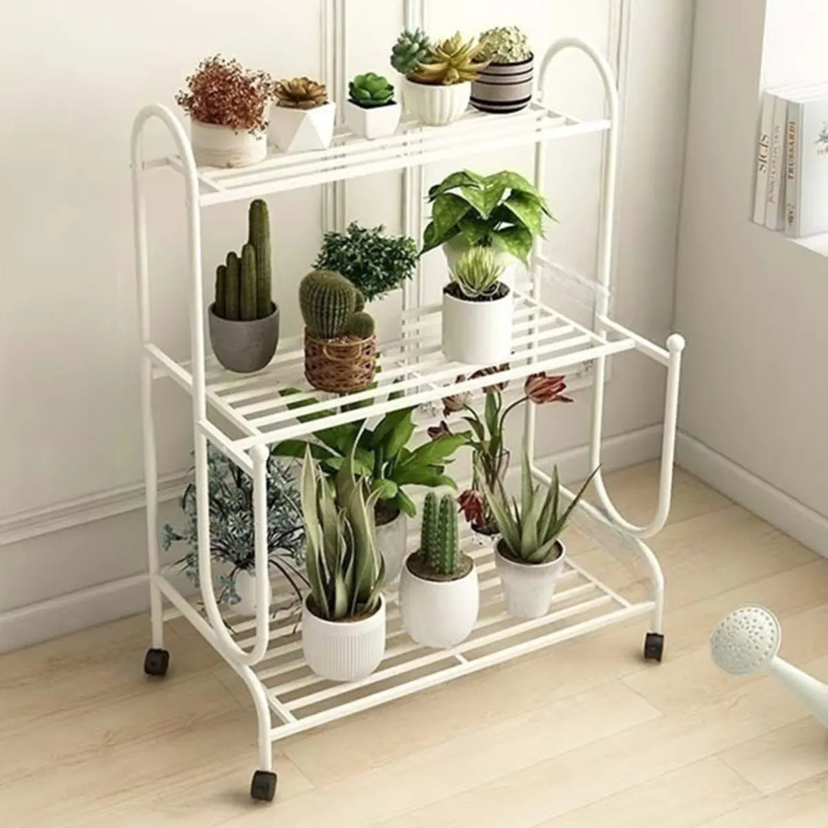 Simple Cream 3-Tier Metal Rolling Plant Stand — Cream