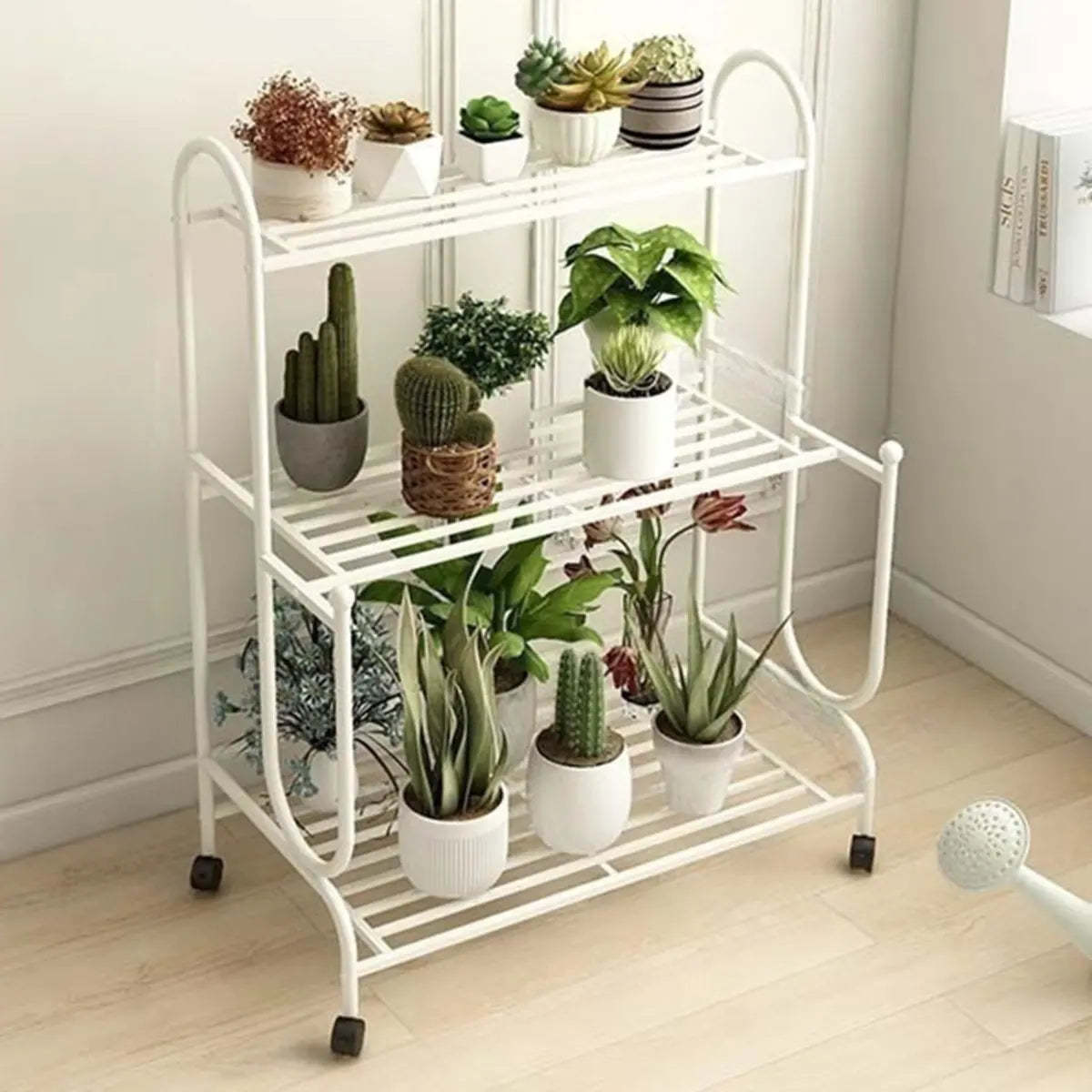 Simple Cream 3-Tier Metal Rolling Plant Stand — Cream