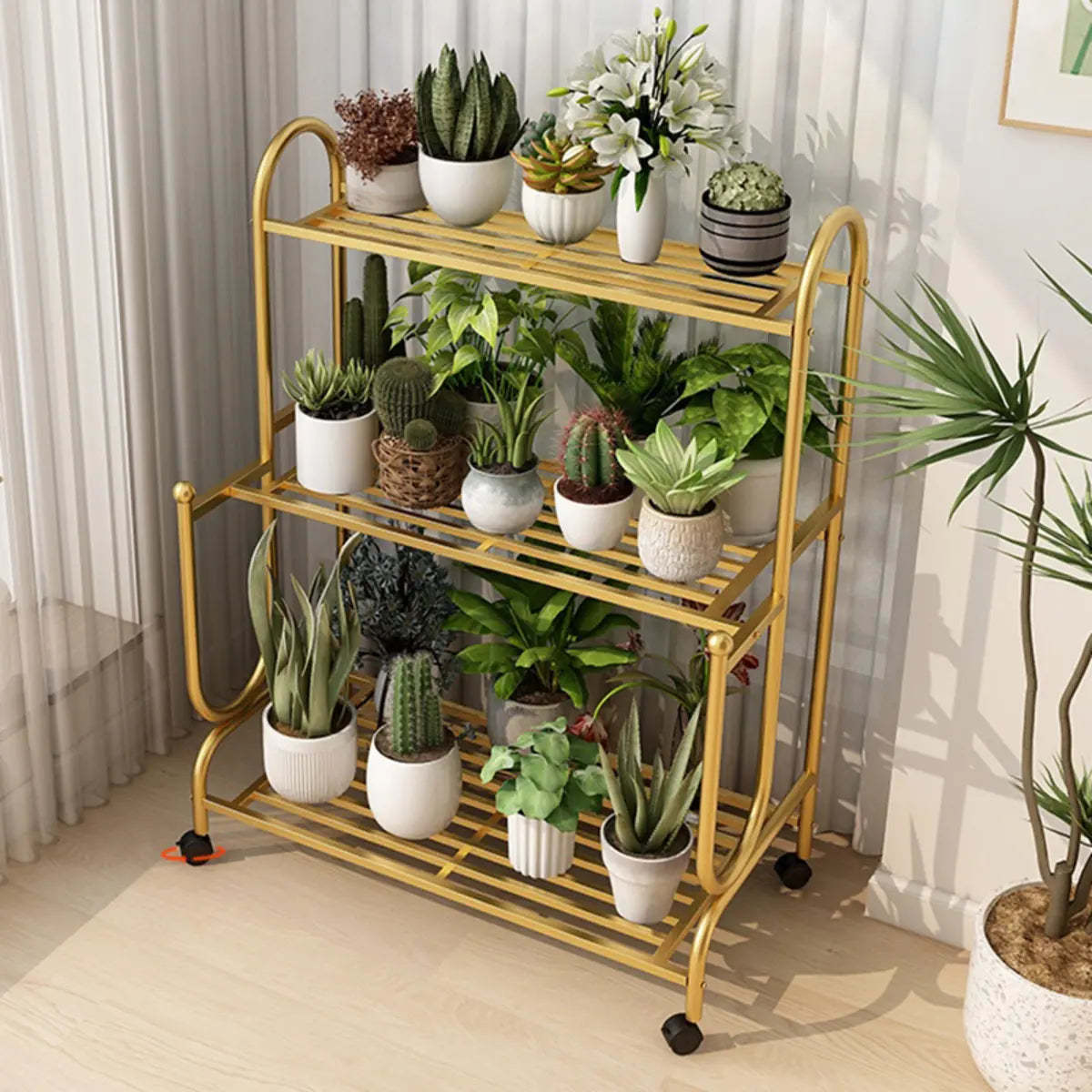 Simple Cream 3-Tier Metal Rolling Plant Stand — Gold