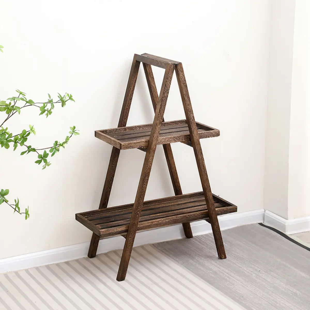 Brown A-Frame Wood Multi-Tier Crate Plant Stand — Off-White