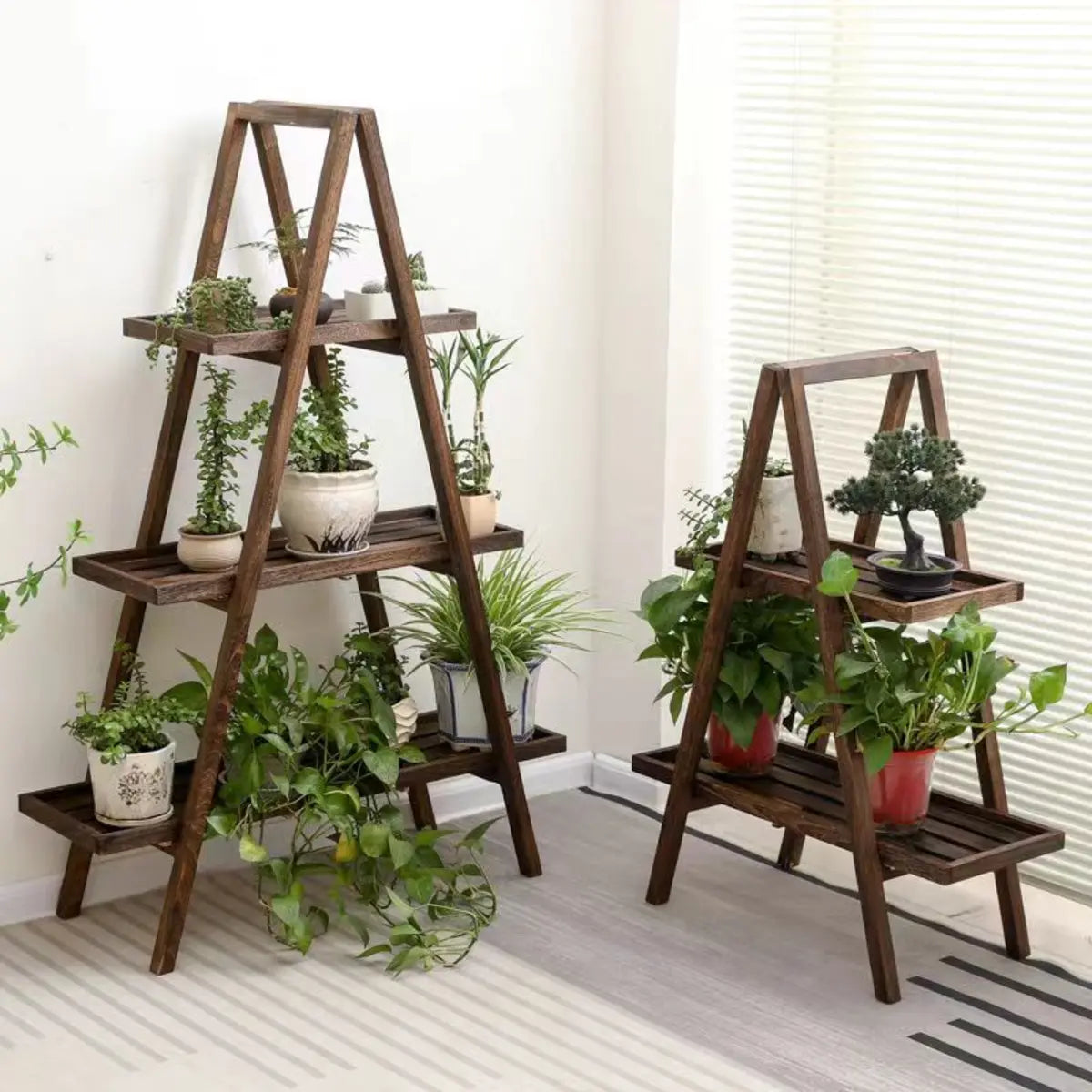 Brown A-Frame Wood Multi-Tier Crate Plant Stand — Off-White