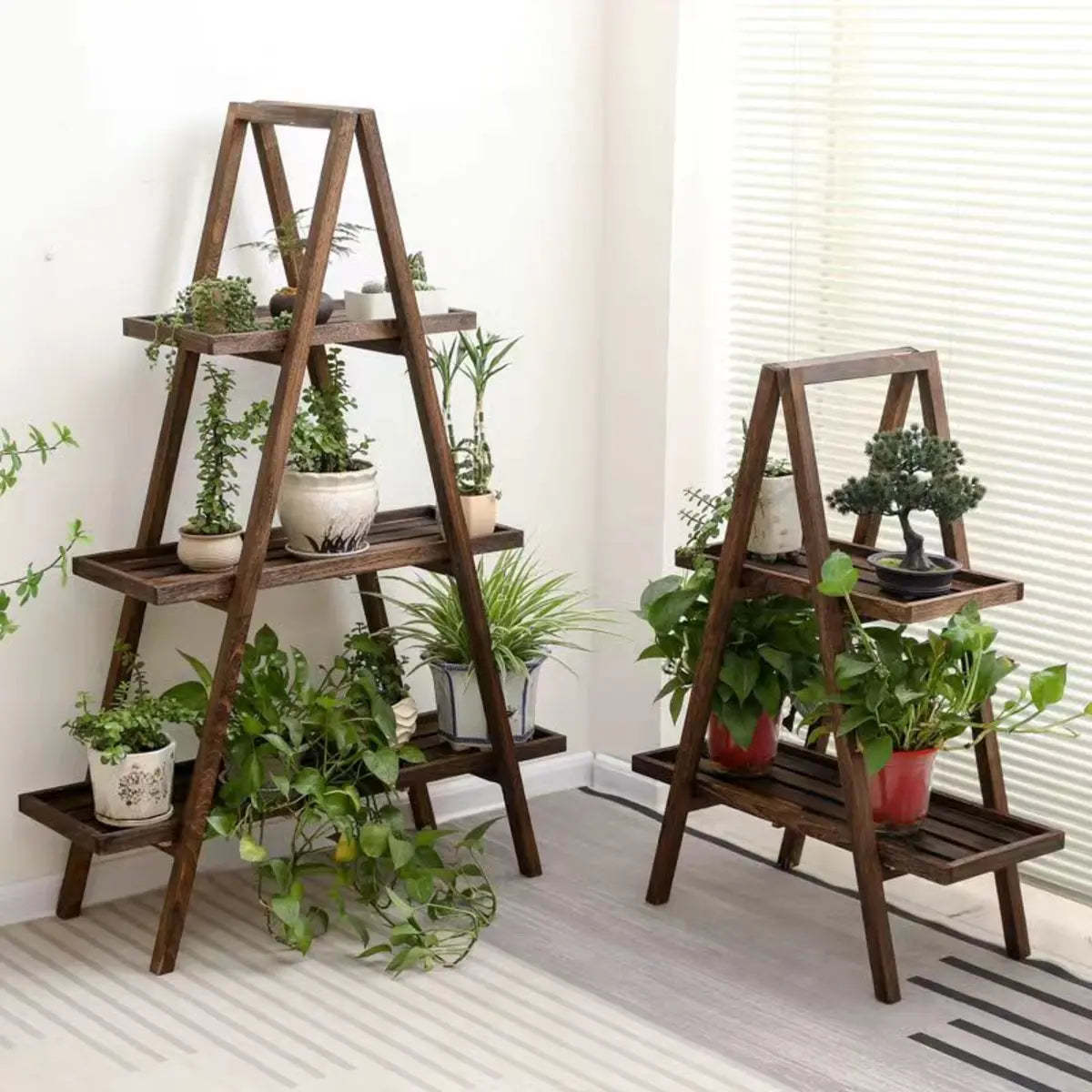 Brown A-Frame Wood Multi-Tier Crate Plant Stand — Off-White