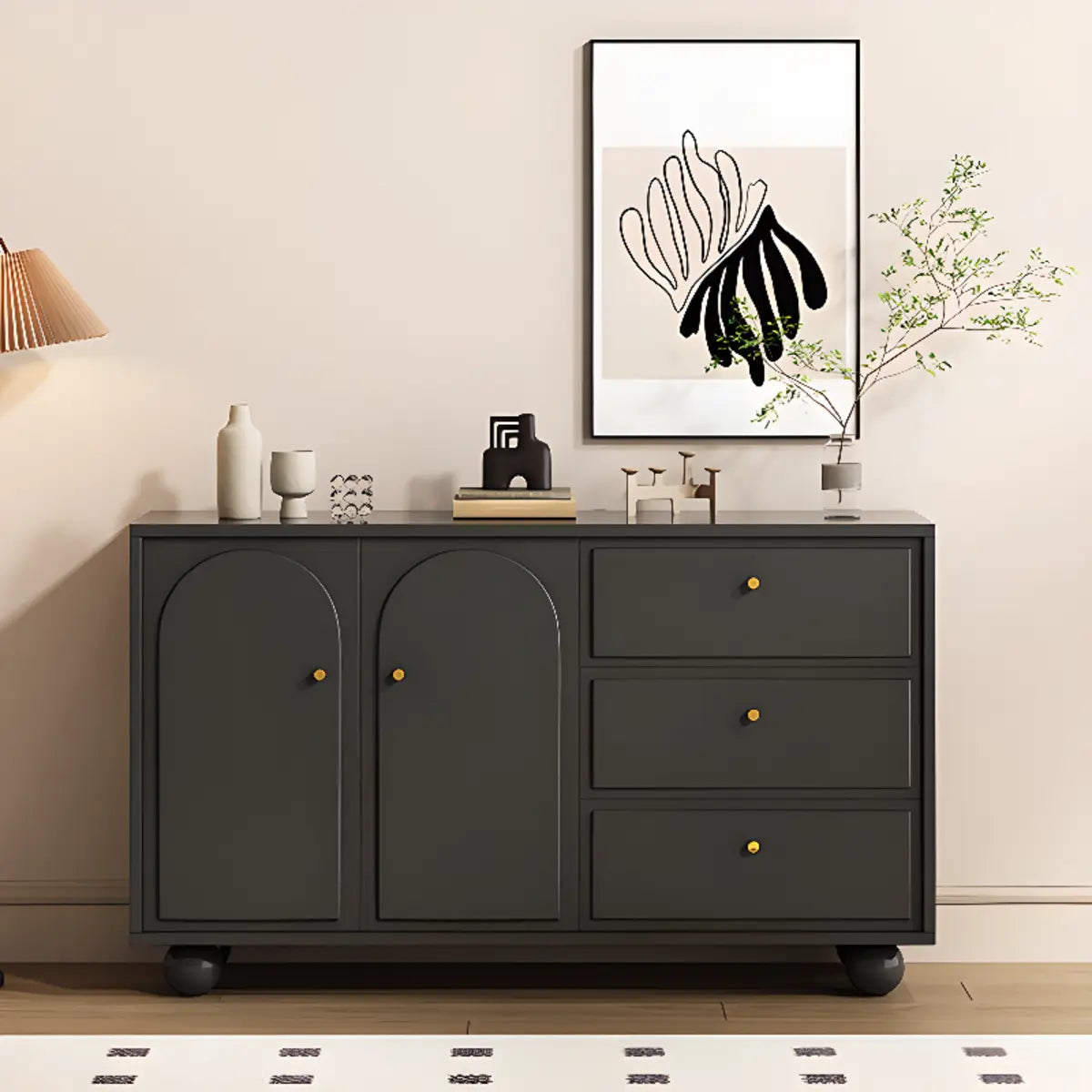 Simple Black Wood Drawer Shelf Buffet