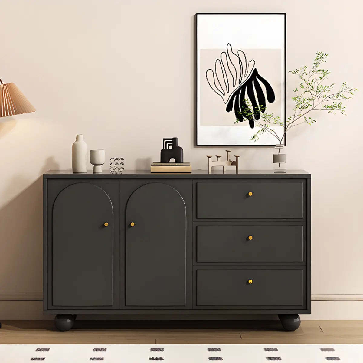 Simple Black Wood Drawer Shelf Buffet