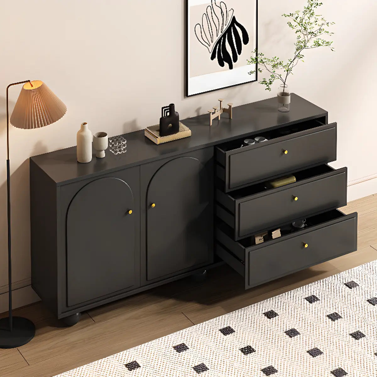 Simple Black Wood Drawer Shelf Buffet