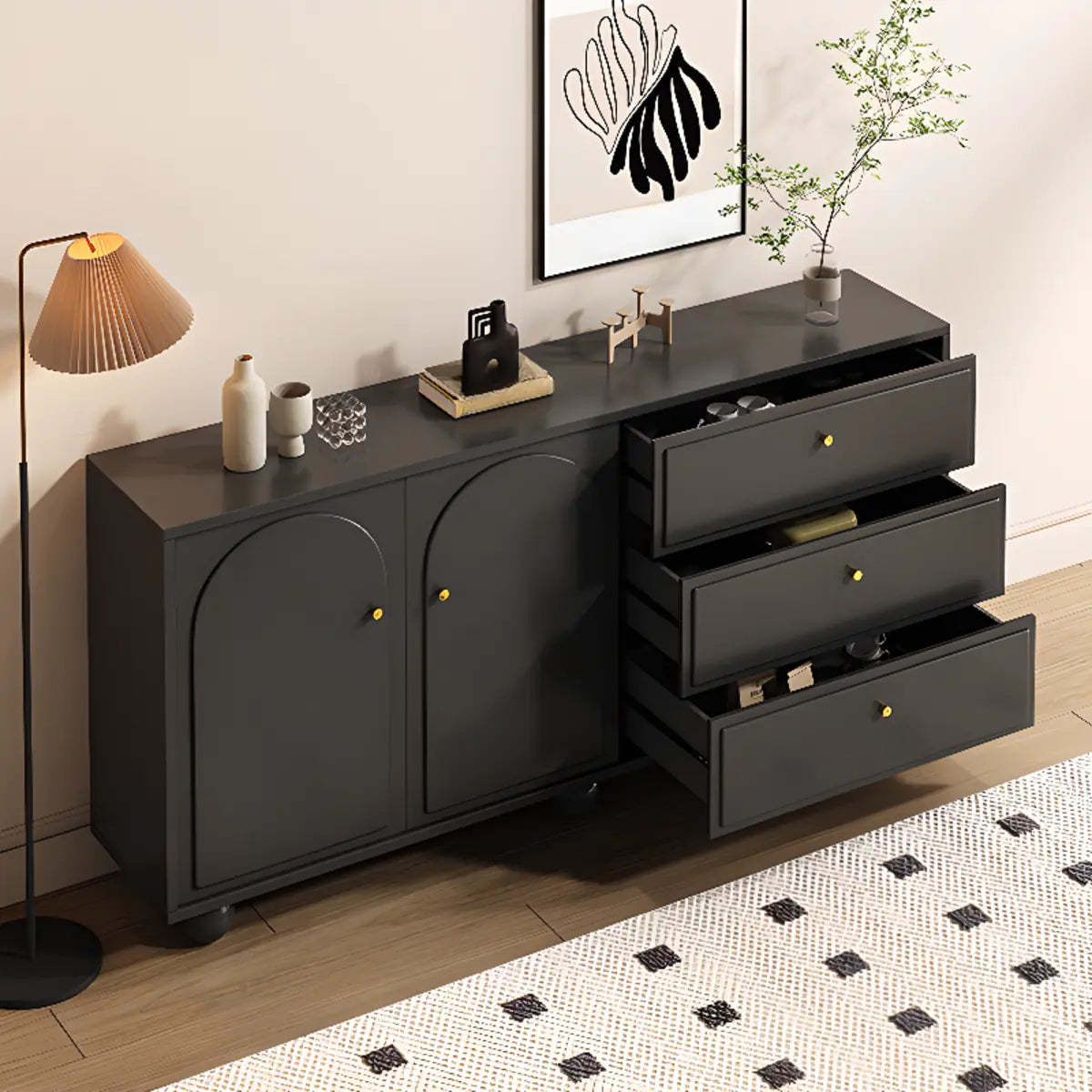Simple Black Wood Drawer Shelf Buffet