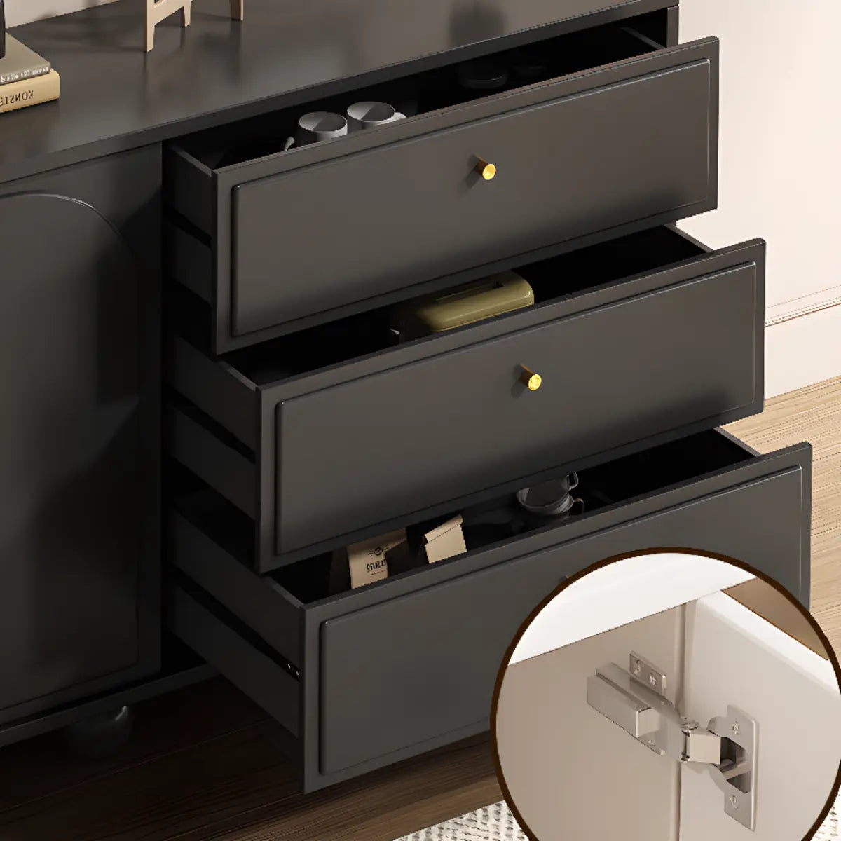 Simple Black Wood Drawer Shelf Buffet