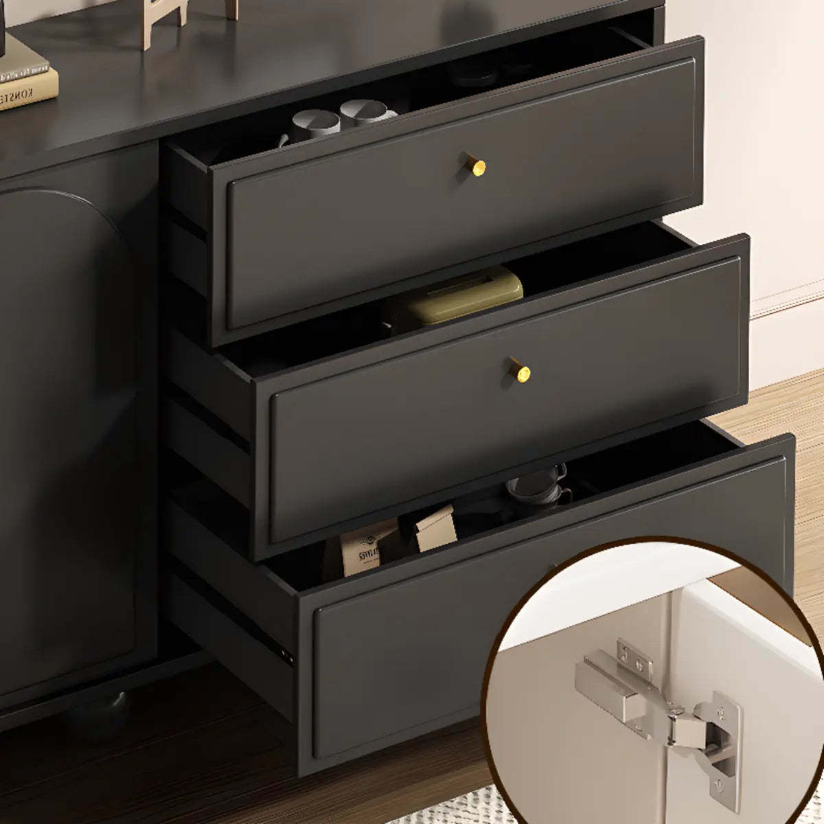 Simple Black Wood Drawer Shelf Buffet
