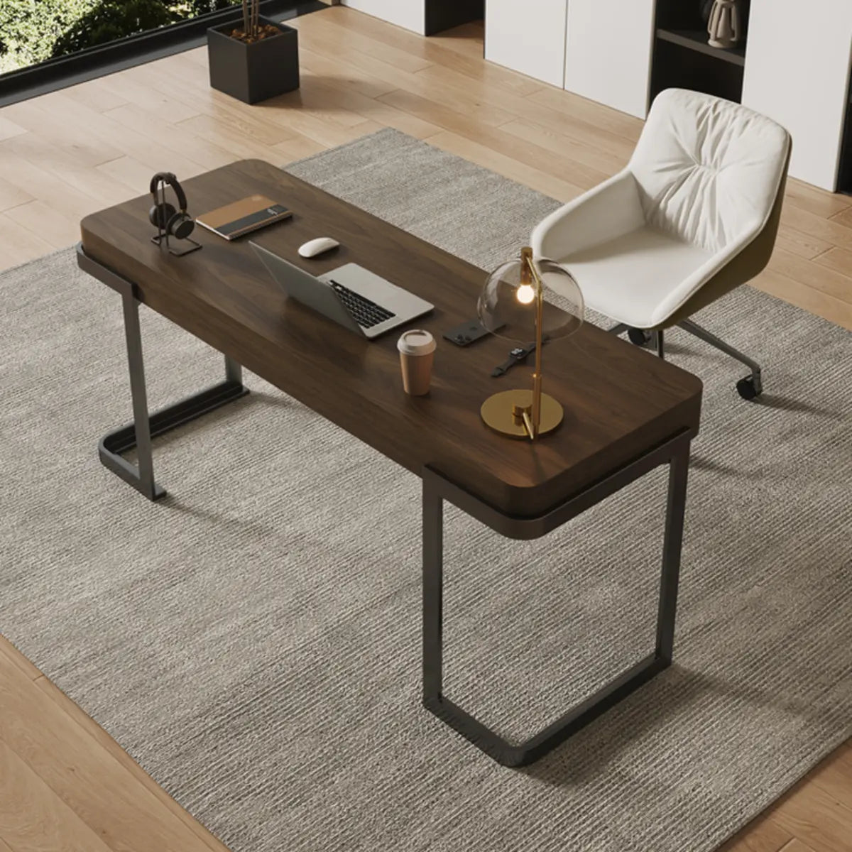 Simple Brown Wood Rectangle Sled Computer Desk — Without Chairs