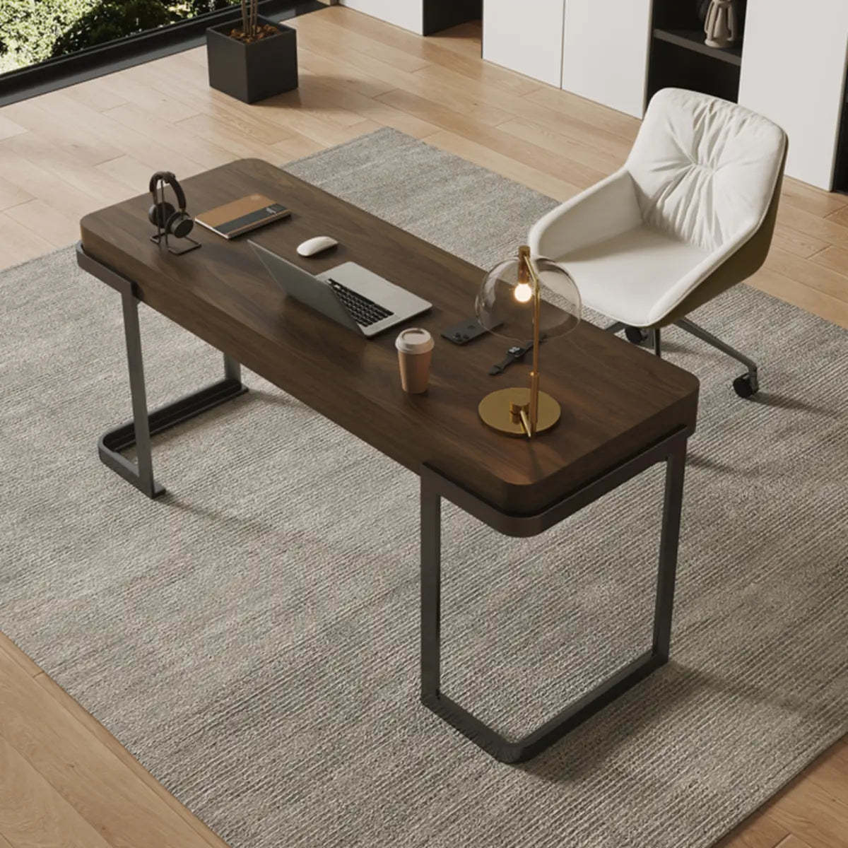 Simple Brown Wood Rectangle Sled Computer Desk — Without Chairs