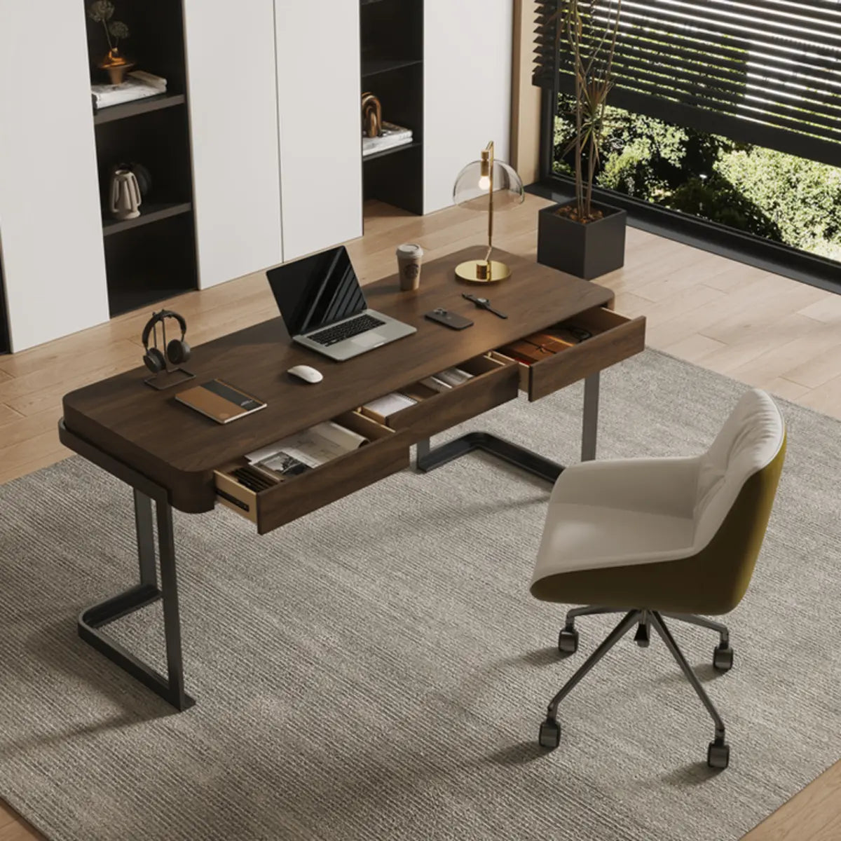 Simple Brown Wood Rectangle Sled Computer Desk — Without Chairs