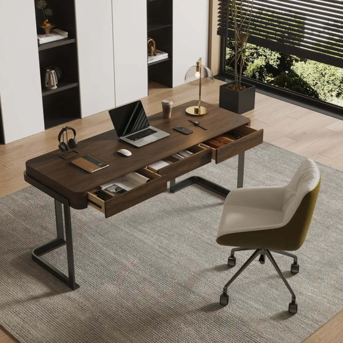 Simple Brown Wood Rectangle Sled Computer Desk — Without Chairs