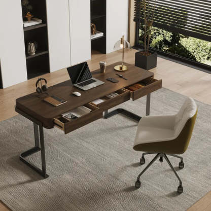 Simple Brown Wood Rectangle Sled Computer Desk — Without Chairs