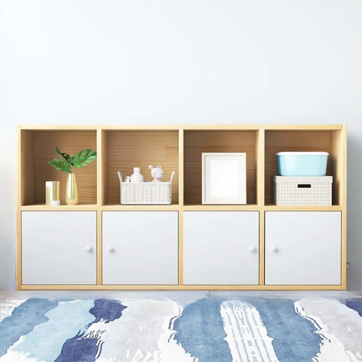 Simple Closed-Back Cube Wood Wide Bookcase — With Cabinet