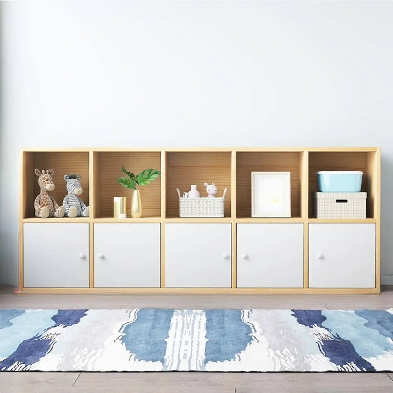Simple Closed-Back Cube Wood Wide Bookcase — With Cabinet