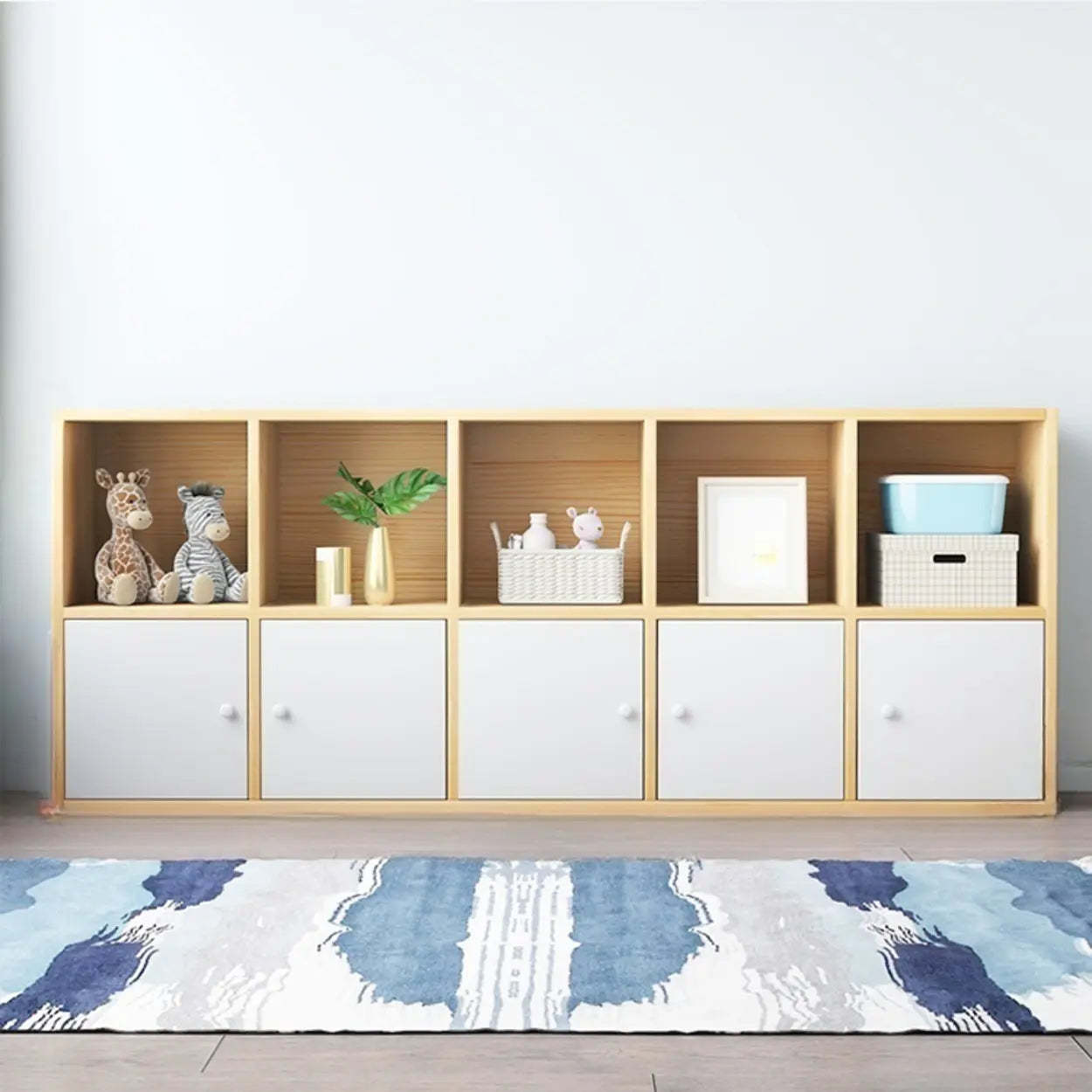 Simple Closed-Back Cube Wood Wide Bookcase — With Cabinet
