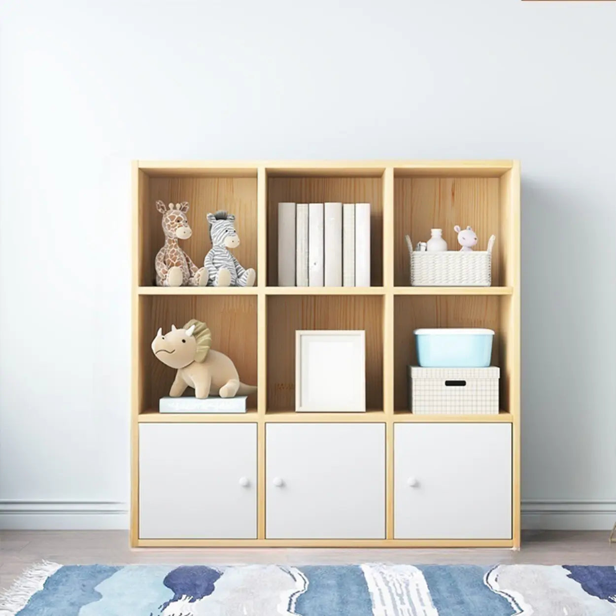 Simple Closed-Back Cube Wood Wide Bookcase — With Cabinet