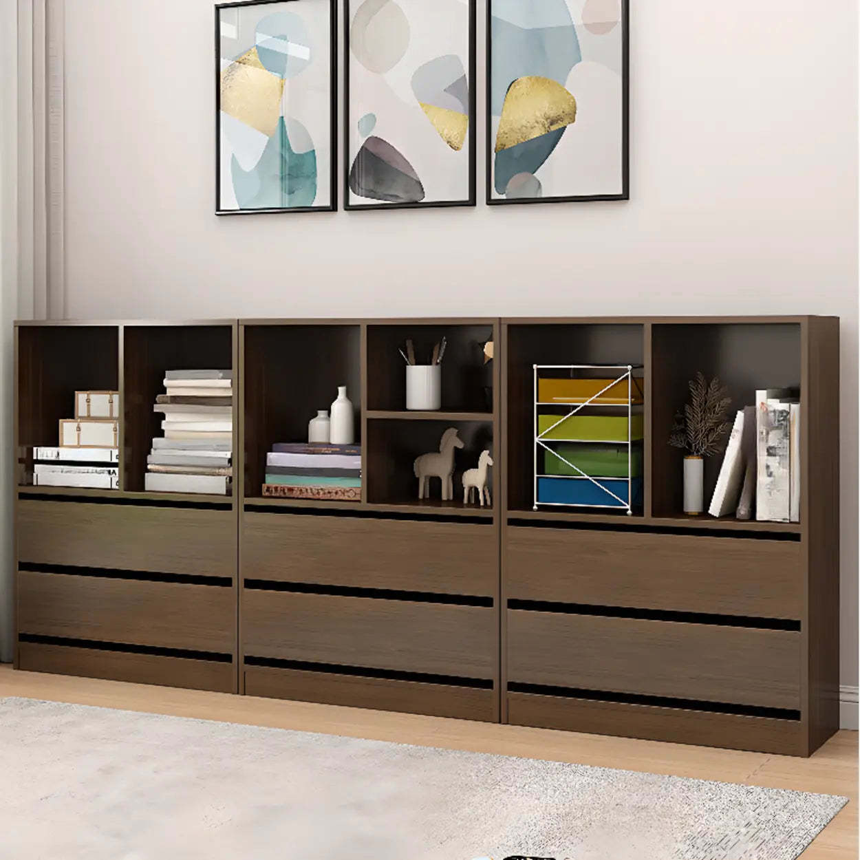 Simple Closed-Back Rectangular Wood Wide Bookcase — Brown