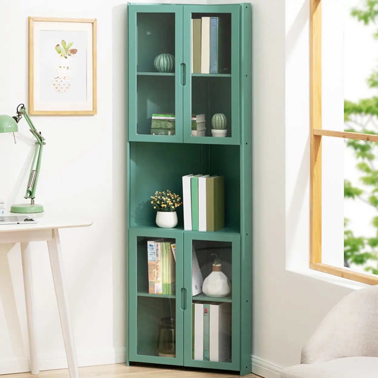 Simple Corner Green Wood Narrow Bookcase