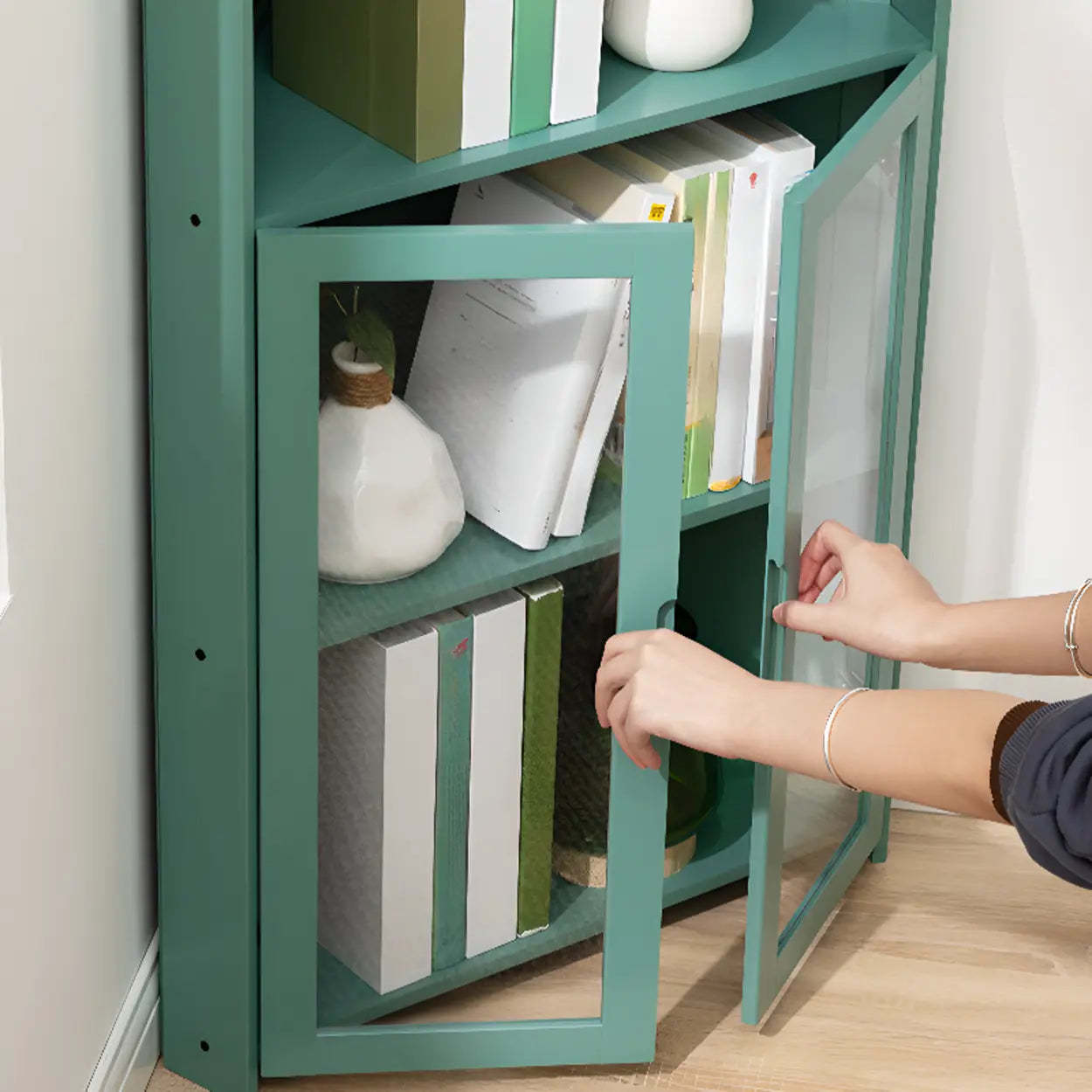 Simple Corner Green Wood Narrow Bookcase
