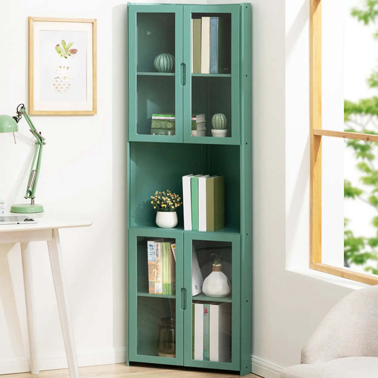 Simple Corner Green Wood Narrow Bookcase — Green