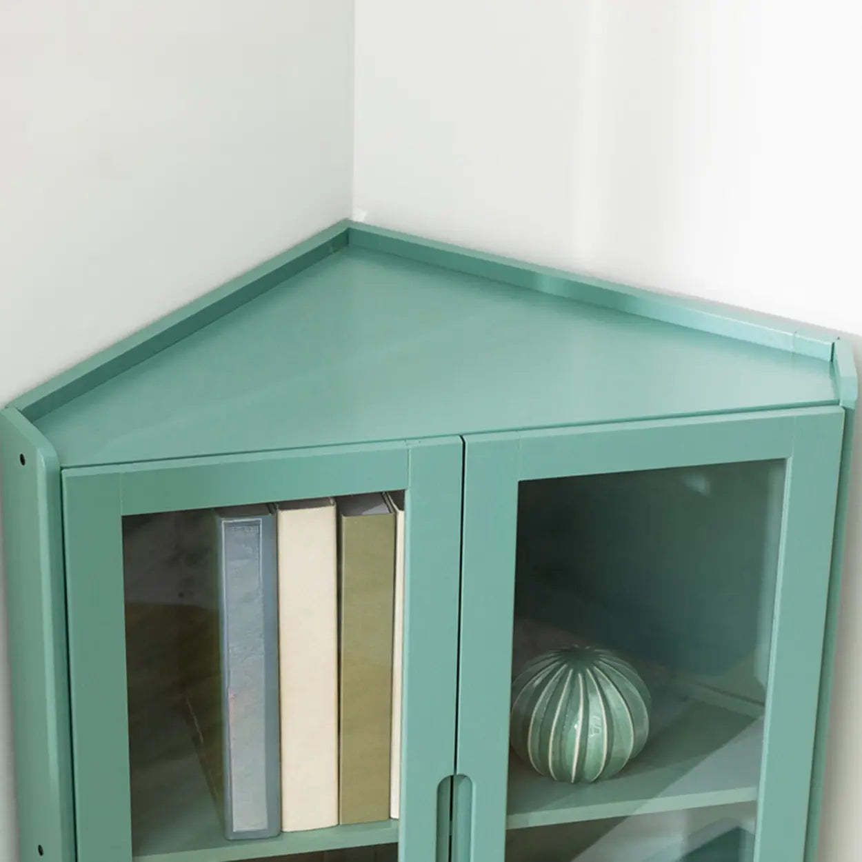 Simple Corner Green Wood Narrow Bookcase — Green