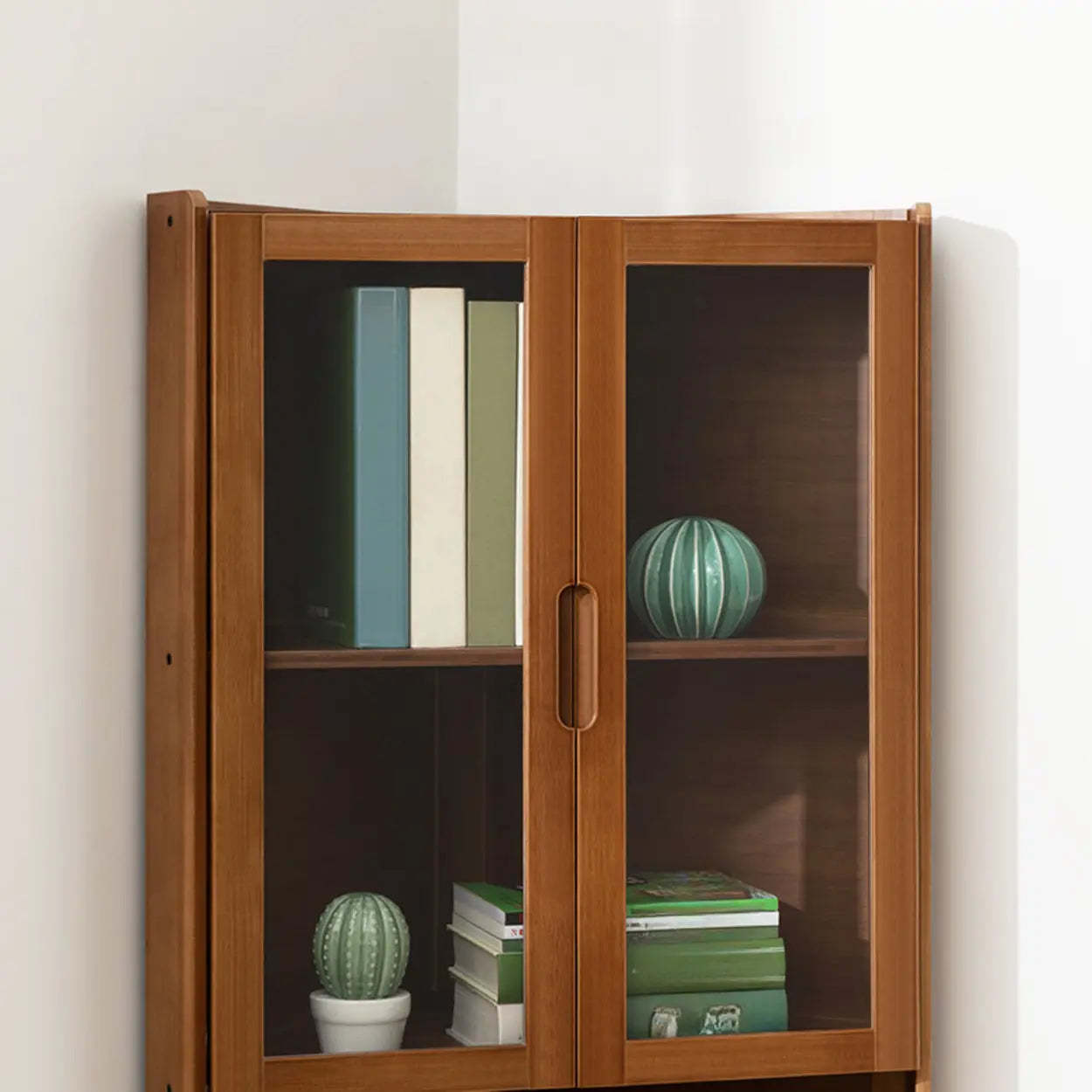 Simple Corner Green Wood Narrow Bookcase — Tan
