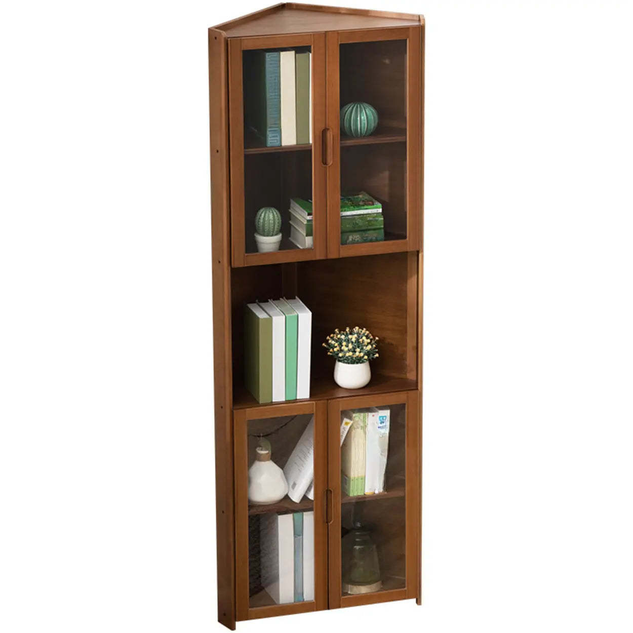 Simple Corner Green Wood Narrow Bookcase — Tan