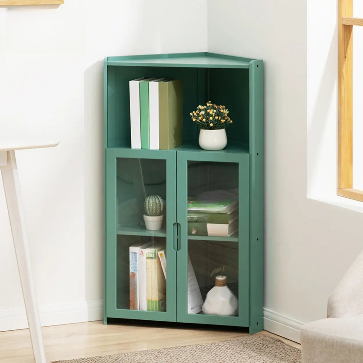 Simple Corner Green Wood Narrow Bookcase — Tan