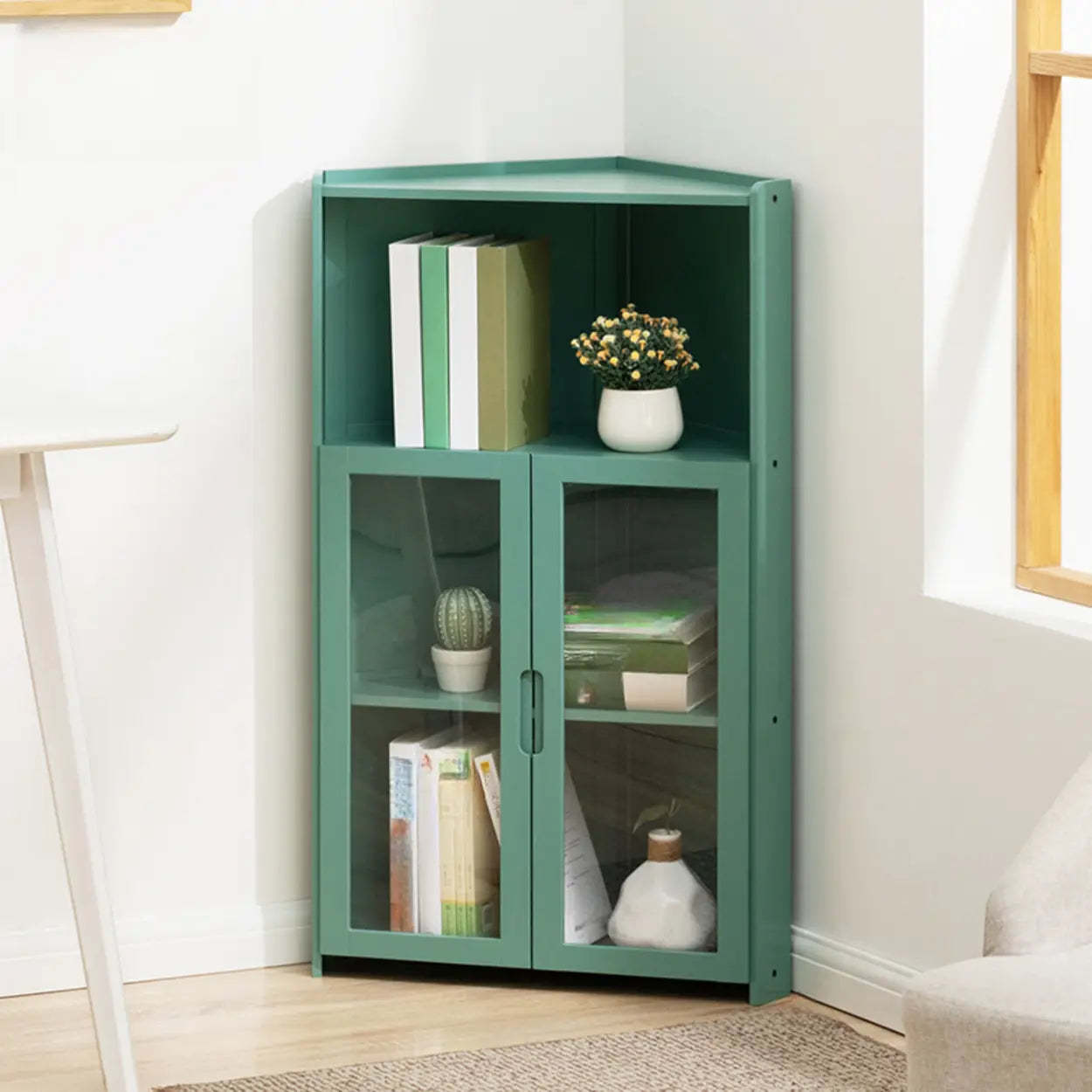 Simple Corner Green Wood Narrow Bookcase — Tan