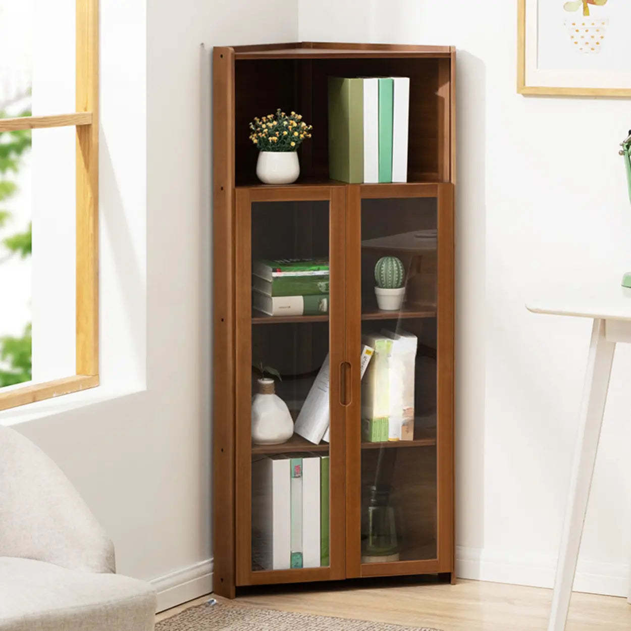Simple Corner Green Wood Narrow Bookcase