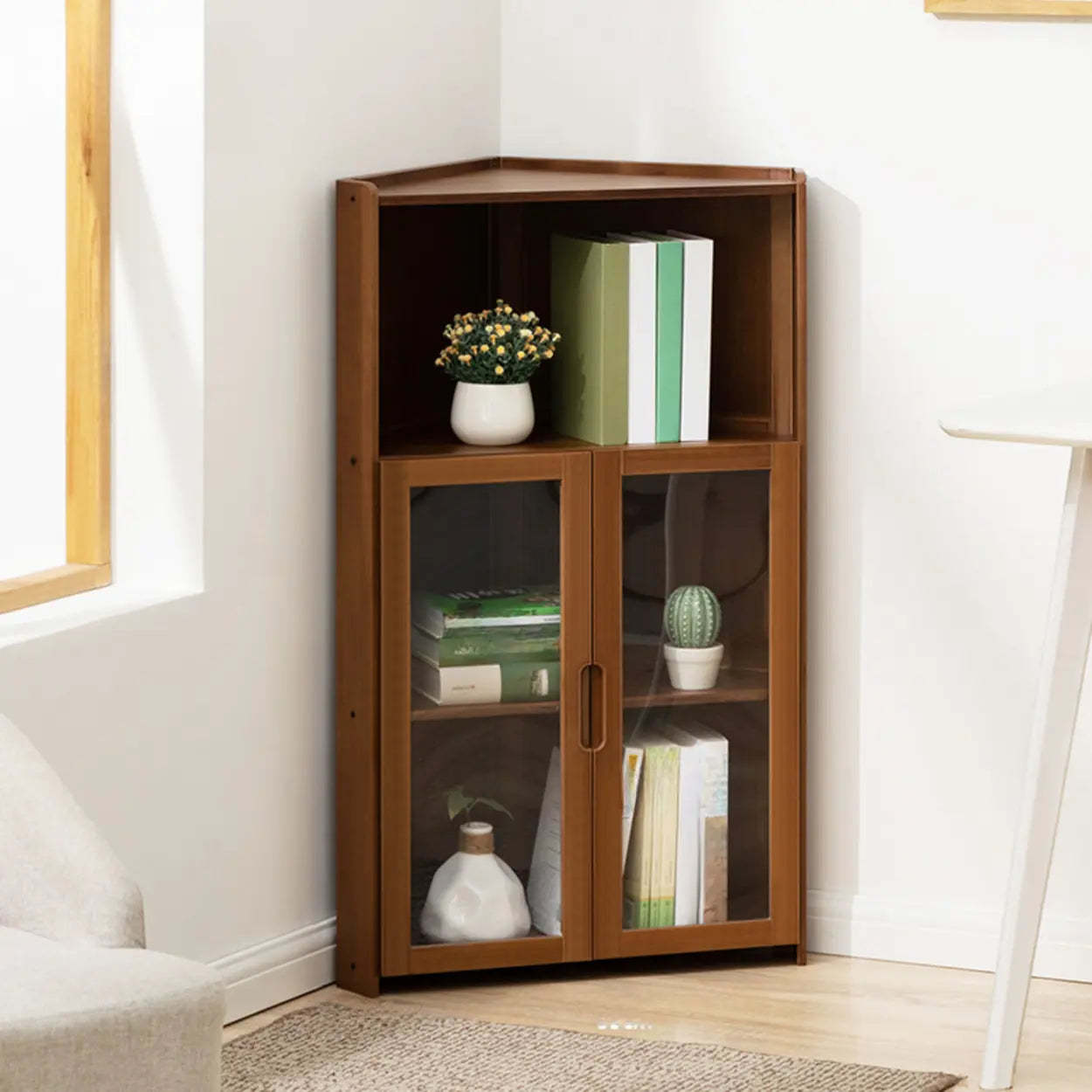 Simple Corner Green Wood Narrow Bookcase