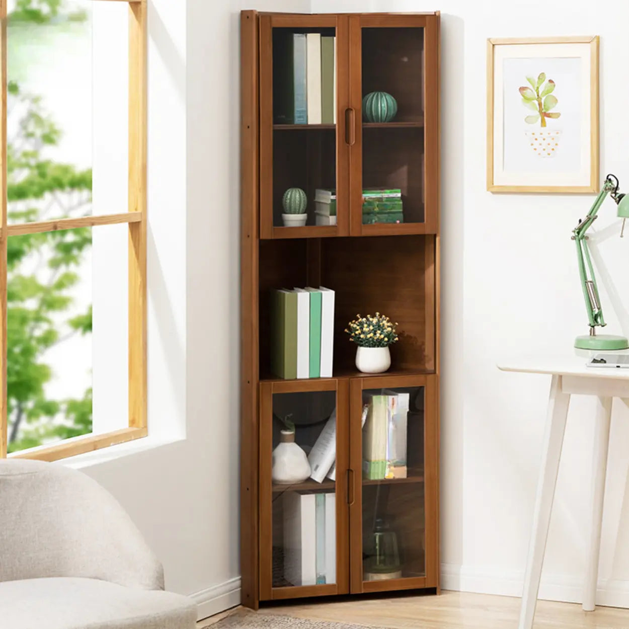 Simple Corner Green Wood Narrow Bookcase