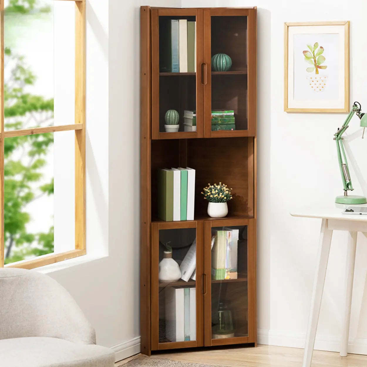 Simple Corner Green Wood Narrow Bookcase