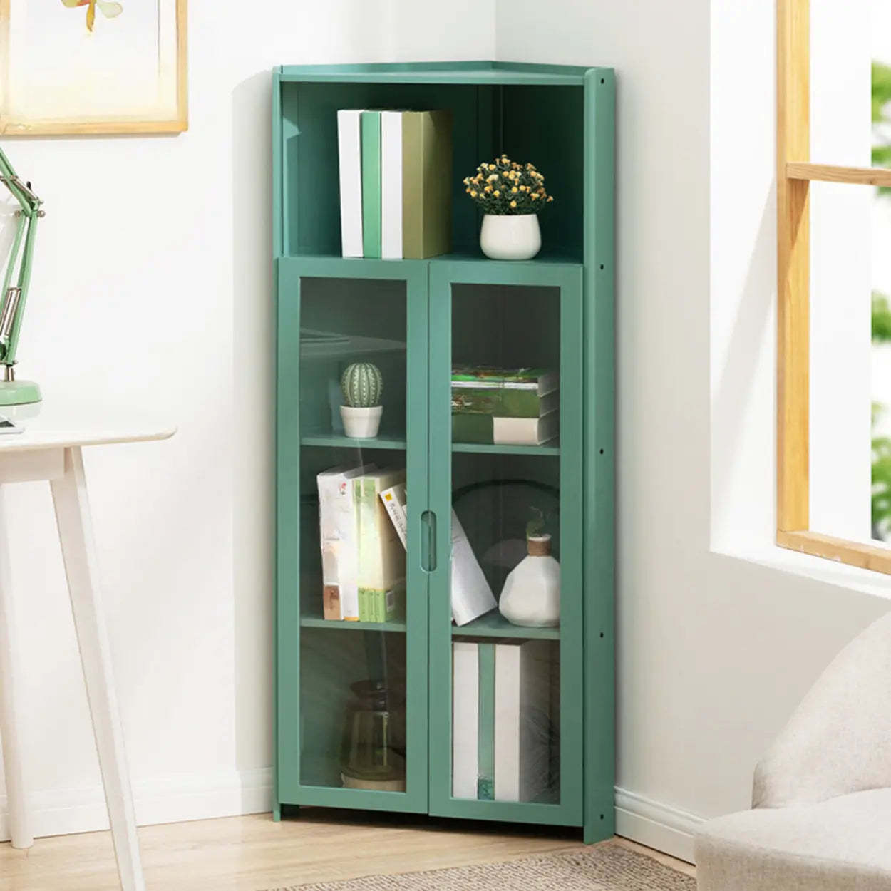 Simple Corner Green Wood Narrow Bookcase
