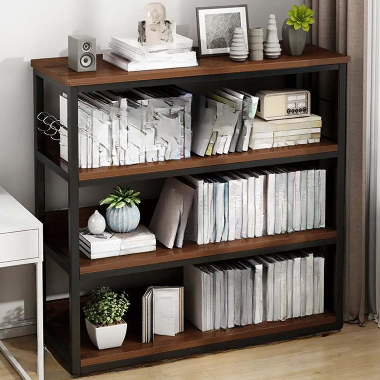 Modern vertical bookshelf walnut steel metal fabric bookcases