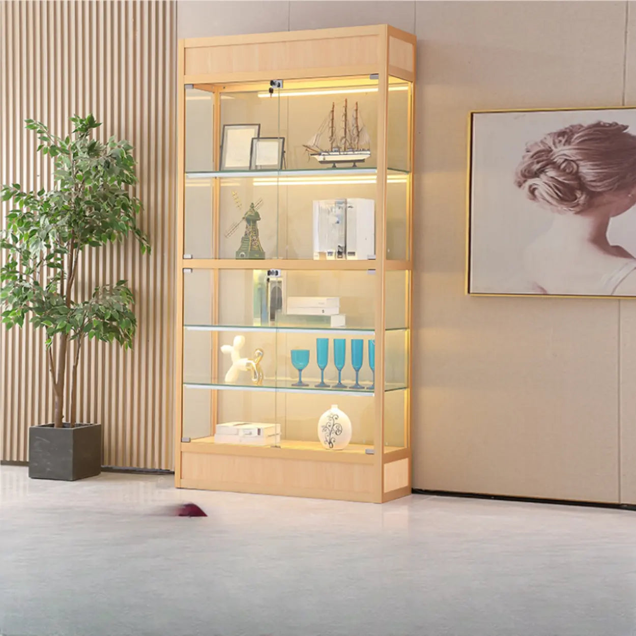 Gold Glass Freestanding Metal Display Cabinet