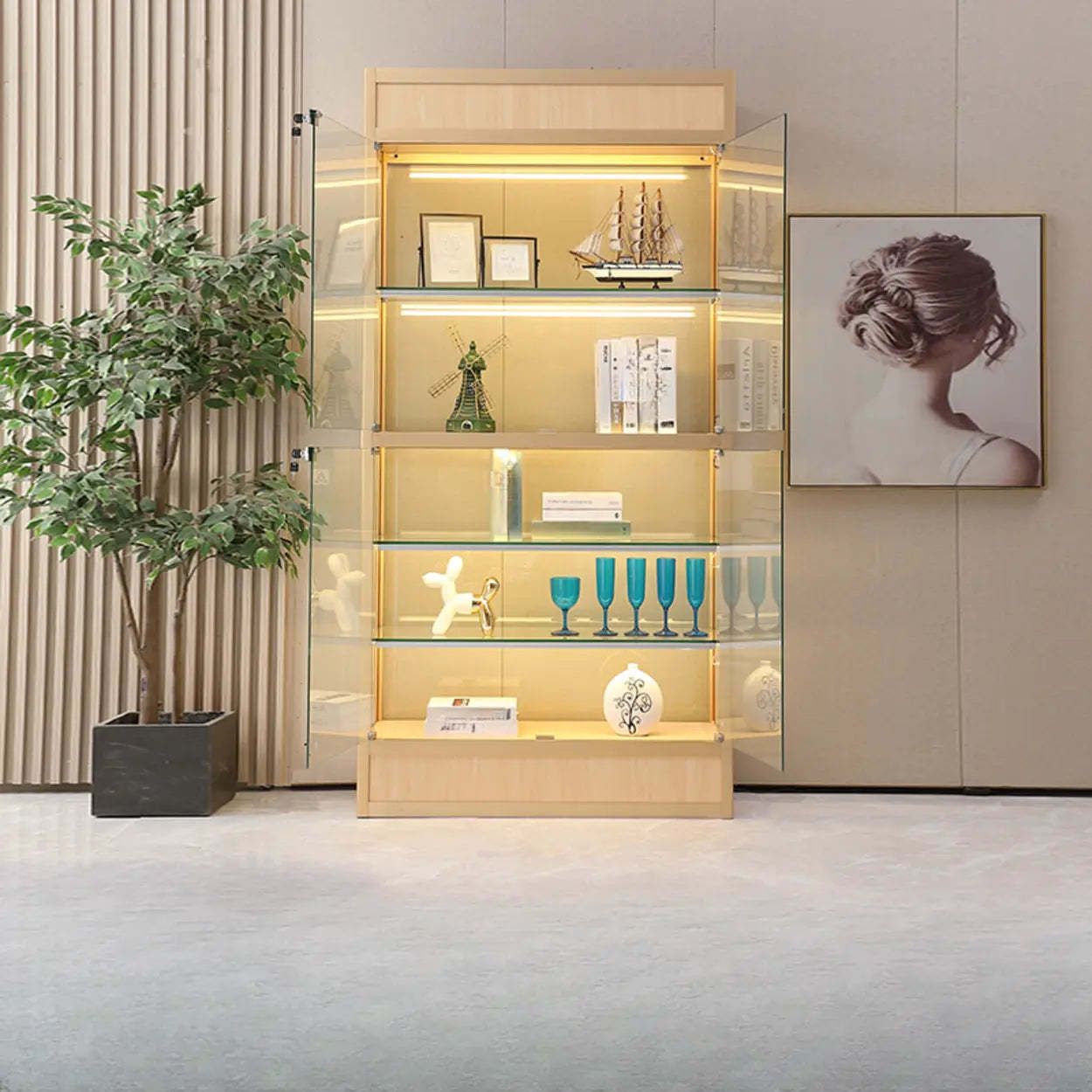 Gold Glass Freestanding Metal Display Cabinet