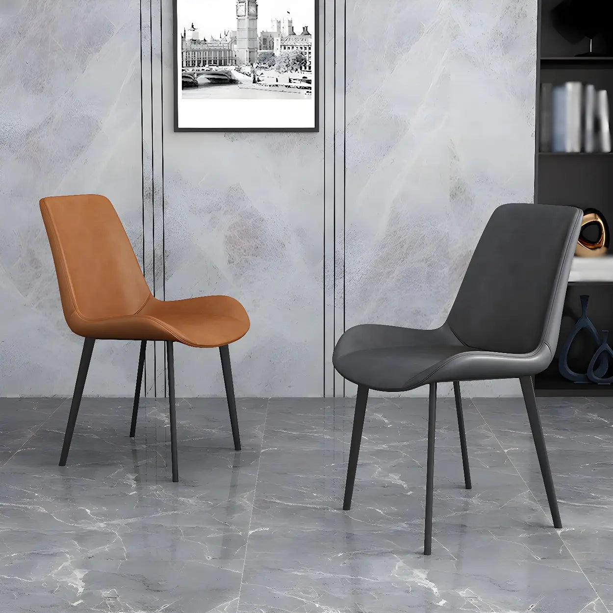 Low Back Leather Side Chair with Metal Legs — Apricot / 2 Piece Set / Black