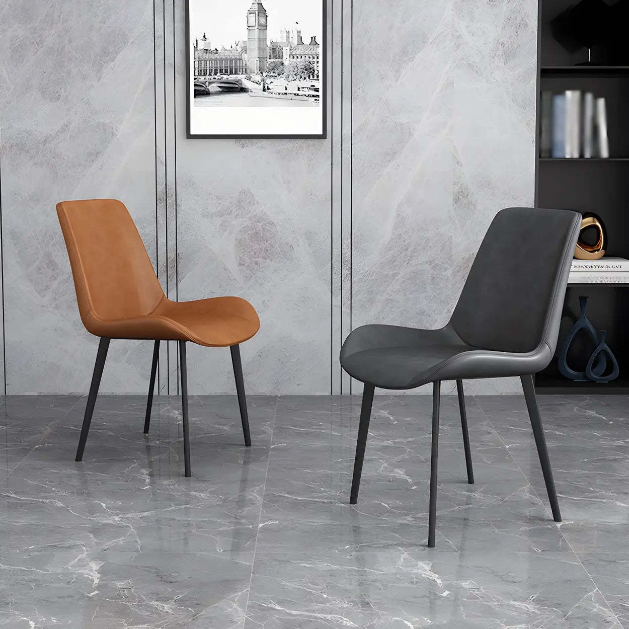 Low Back Leather Side Chair with Metal Legs — Green / 2 Piece Set / Brass/ Gold
