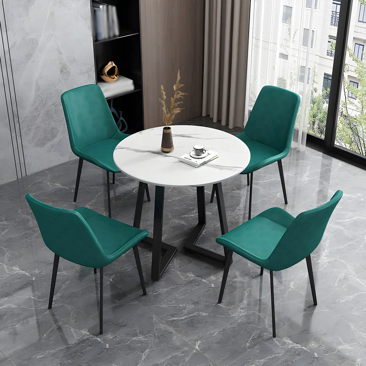 Low Back Leather Side Chair with Metal Legs — Blackish Green / 2 Piece Set / Brass/ Gold