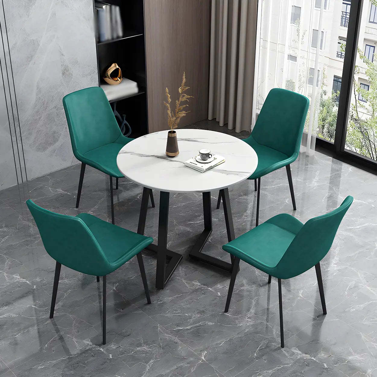 Low Back Leather Side Chair with Metal Legs — Blackish Green / 2 Piece Set / Brass/ Gold