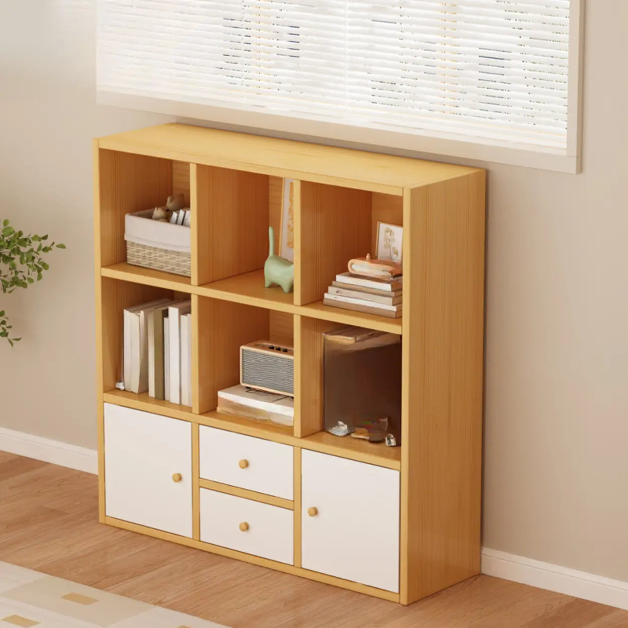 Simple Modular Wood Cube Short Bookcase — Natural