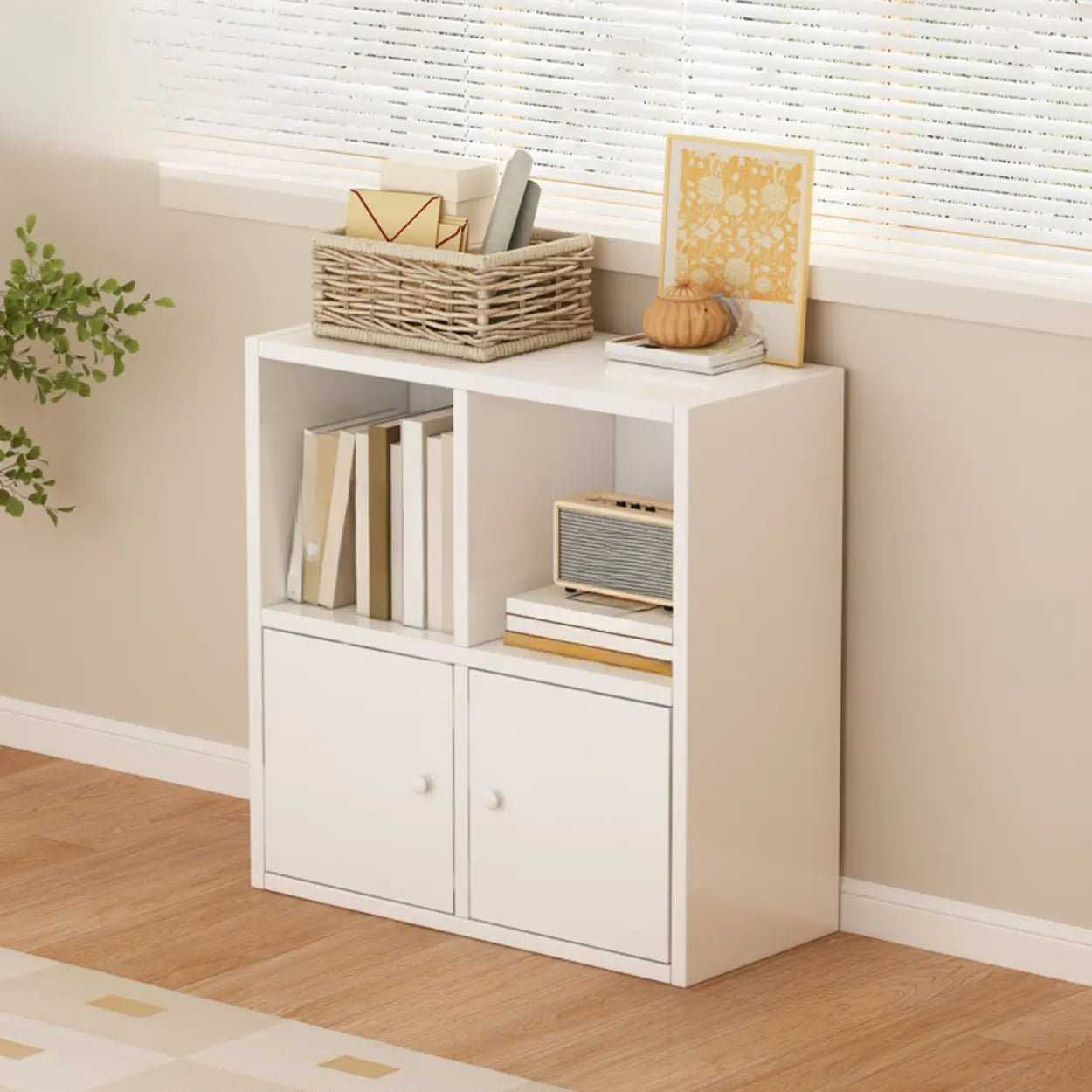 Simple Modular Wood Cube Short Bookcase — White