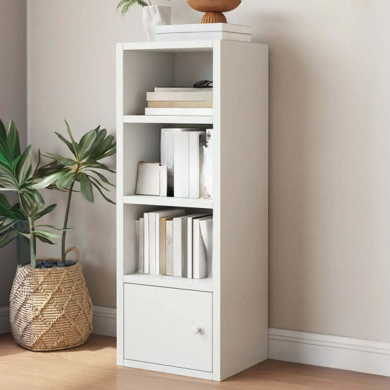 Simple Open-Drawer Narrow White Bookcase — Warm White