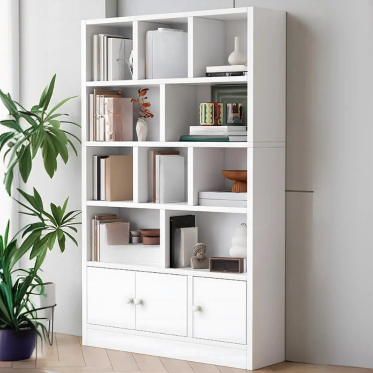 Simple Open-Drawer Narrow White Bookcase — Beech