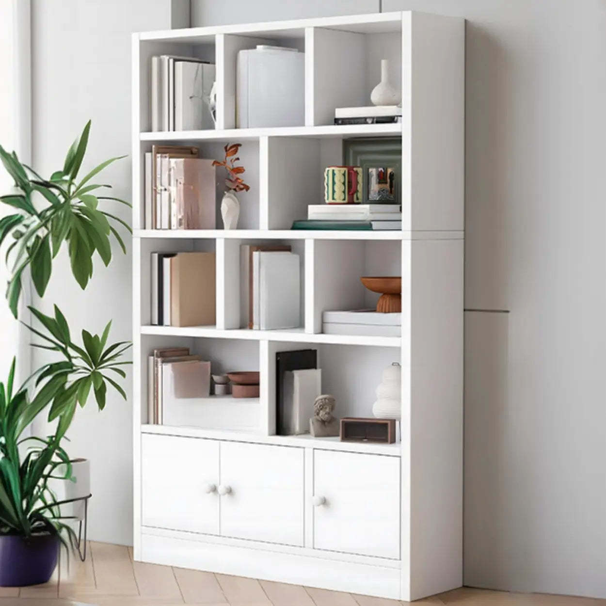 Simple Open-Drawer Narrow White Bookcase — Beech