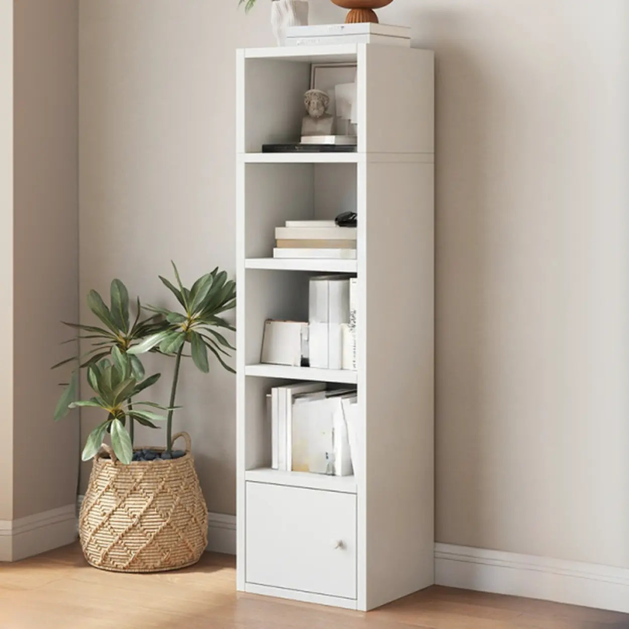 Simple Open-Drawer Narrow White Bookcase — Warm White