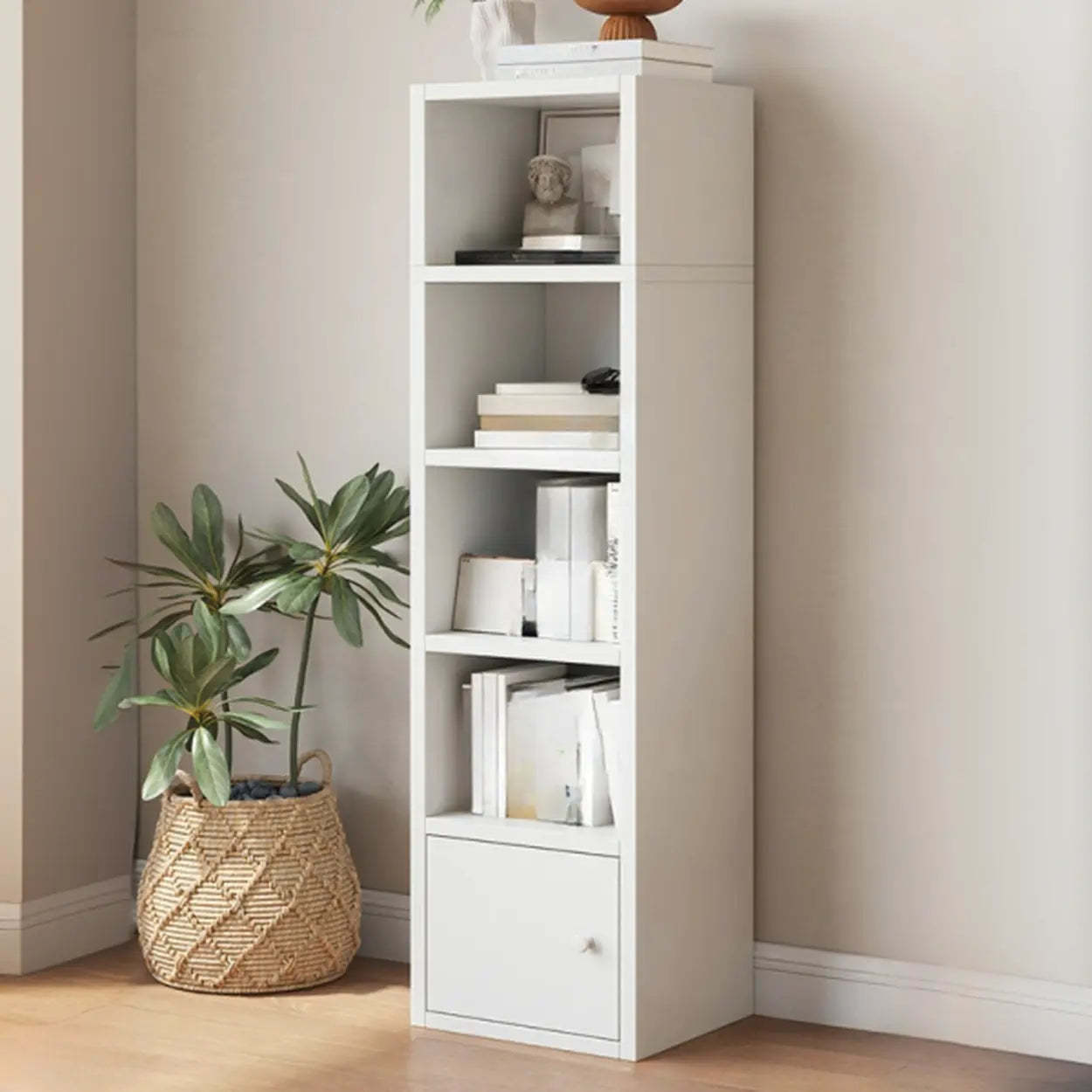 Simple Open-Drawer Narrow White Bookcase — Warm White