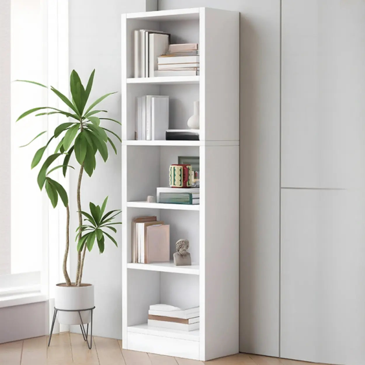 Simple Open-Drawer Narrow White Bookcase — Warm White